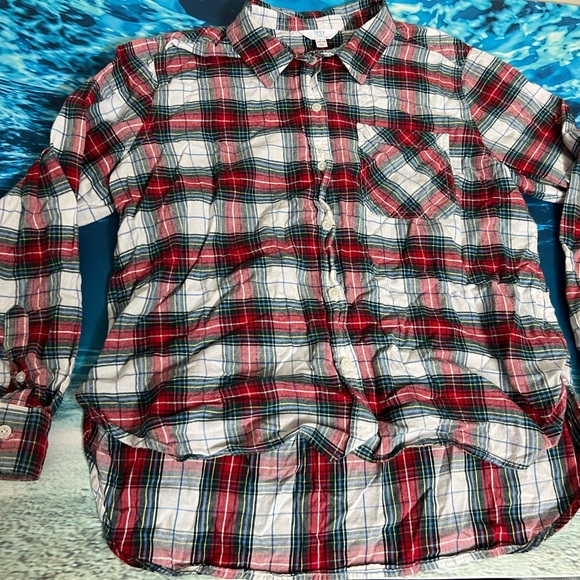 ☀️Time and Tru Red, White & Black Plaid Button-Down Shirt Long Sleeve Flannel - Picture 2 of 11